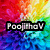 A pixelated rainbow gradient background with a black text box containing 'PoojithaV' in white letters, transitioning between two states.