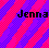 Pixelated text 'Jenna' appears in black on the left and green on the right against a diagonal pink-purple striped background.