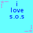 Pixelated blue background with repeated 'i love s.o.s' text and pink/purple star animations in four corners.