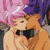 Anime-style character with pink and purple hair, orange top, black collar, hands clasped near face in a thoughtful pose.