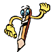 Four cartoon pencil characters with blue eyes and yellow hands in alternating arm poses against a gray background.