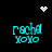 Pixelated cyan text 'rachael Yoyo' appears in four quadrants on a black background, with white pixelated heart and starburst symbols at top center and top right.
