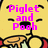 Yellow cartoon character with black eyes and nose, wearing red shirt, holding honey pot, text reads "Piglet and Pooh are too cute for you!" in pink pixelated font.