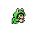 Pixel art of a character in green frog costume with black hair and mustache, shown in three distinct poses against gray background.