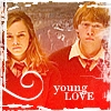 Two people in red sweaters with white collars stand side-by-side against a blurred background with a white spiral and 'young LOVE' text.
