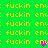 Green background with yellow text repeating 'fuckin' and 'env:' in a pattern, featuring two distinct heart-shaped pixels