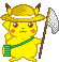 Pixel art contact sheet showing two frames of a yellow cartoon character with red cheeks, brown ears, and green straps holding a large axe-like weapon while wearing a straw hat.