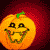 Animated Halloween-themed buddy icon featuring three pumpkin faces with varying expressions and a ghost overlay, displayed in a 2x2 contact sheet layout on a dark red background.