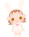 Pixelated character with bunny ears, brown hair, and golden eyes in white dress with pink bow; four poses show slight body shifts.