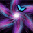 A pixelated image with a central bright white light surrounded by swirling purple and blue hues, featuring a small crescent-shaped blue element in the upper right.