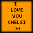 Four identical orange square with black borders display pixelated text reading "I LOVE YOU CHELSI :+)" in a