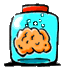 Four identical cartoon jars with red lids, blue liquid, and orange brain-like objects floating inside; bubbles rise in the top-left jar.