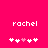 A pink background displays the name 'rachel' in white pixelated text above two of heart symbols, with one heart changing color between frames