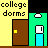 pixel art icons showing dorm room scenes with brown doors, green walls, and blue sinks, some with text labels like 'slam' and 'room-mate'