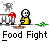 Animated contact sheet of a pixel art food fight scene with stick figures, showing sequential frames of action and effects on gray background.