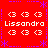 Red background with purple decorative borders and repeated white text "Lissandra" between pixelated symbols.
