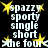 A black background displays four identical of white text and yellow stars, each containing the words spazzy, sporty, single, short, the four, arranged in a with stars at the corners