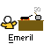 Pixel art animation of a character in a yellow shirt cooking at a brown stove with a black frying pan, showing hand movements and a small explosion effect.
