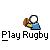 Animated contact sheet of 16 rugby-themed AIM buddy icons showing stick-figure players in various poses with a brown ball, arranged in four rows on gray background.