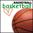 Pixelated image with green 'basketball' text, peach heart outline, and brown basketball graphic on white background.