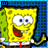 Pixelated yellow sponge character with green edges, white collar, red tie, brown pants, blue eyes, open mouth showing teeth and tongue, raised right hand against blue background
