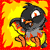 A 3x3 contact sheet of a pixelated animated icon showing a black bird-like creature with orange beak and feet, surrounded by yellow-orange flames against red background in nine sequential frames.