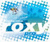 Pixelated blue and white image with abstract shapes, a small colorful figure on the left, and partial text elements.