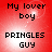 Red background with pixelated text 'My lover boy' and 'PRINGLES GUY', featuring a bright white light effect that shifts position across frames.