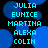 Pixelated text names in cyan on blue circular background with black space between circles.