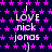 Dark blue background with repeating pink star pattern, white text "i LOVE nick jonas" repeated in , gray rectangular area in bottom right corner