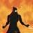 Pixelated figure in dark blue outfit with white face detail against orange-yellow gradient background.
