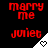Red pixelated text 'marry me' and 'juliet' on black background with white triangular corner elements containing heart symbols.