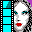 Pixelated filmstrip-style icon with cyan and purple frames, featuring a woman's face in three variations: white skin with red lips, light blue skin with red lips, and grayed-out version.