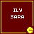 Four identical square with maroon backgrounds and yellow borders display 'ILY SARA' text and a yellow Pac-Man icon in the bottom-right corner