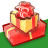 Pixelated image of a red rose atop stacked yellow and red gift boxes on green background.