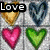 heart-shaped icons in multiple colors with 'Love' text overlays on a textured background
