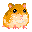 Six pixelated hamster icons arranged in two of three, each with brown fur, pink ears and feet, black eyes, and a white belly on gray background