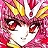 Pixelated image of a character with closed eyes, pink and yellow hair, and red accents on a white face, surrounded by pink and red floral patterns.