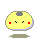Yellow rounded character with gray top spot, red cheeks, black eyes, and blue outline in five pixelated poses on gray background.