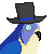 Pixel art of a blue and yellow bird wearing a black top hat with a blue band, holding gold scissors near its beak against a gray background.