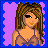 Pixel art shows a woman with brown hair in a purple top, white skirt, and high heels; text reads 'Kaci' on the bottom right