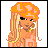Pixel art contact sheet of a female character with orange hair and peach clothing holding an orange purse, showing head/upper body, hand/purse, lower body, and name text across four frames.