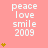 A static image with a pink background displays repeated text 'peace love smile 2009' and yellow heart symbols in varying quantities.