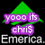 Pixelated green triangle with purple text reading 'yooo its chris' and gray text 'Emerica.' on black background.