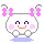 A 4-frame pixel art contact sheet of a white round cartoon character with pink cheeks, purple eyes, and a red smile, wearing pink butterfly hair clips on gray antennae-like shapes, floating above a light blue platform against a gray background.