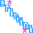 Pixelated diagonal lines of repeating 'B' characters in blue, pink, and purple with scattered star shapes on white background.