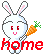 Pixelated white rabbit with pink inner ears holds orange carrot with green top; red and blue 'home' text below on gray background.