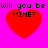 Four identical red heart shapes on a bright pink background, each containing the text "Will you be MINE?" in black pixelated font.