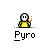 Pixelated character with white face and yellow shirt holding orange sparkles, text "Pyro" below, transitioning through animation frames showing sparkles and text fading into fire effects.