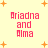 Pixelated text 'Ariadna and Alma' in pink on a light yellow background with orange starbursts, showing four identical static frames.